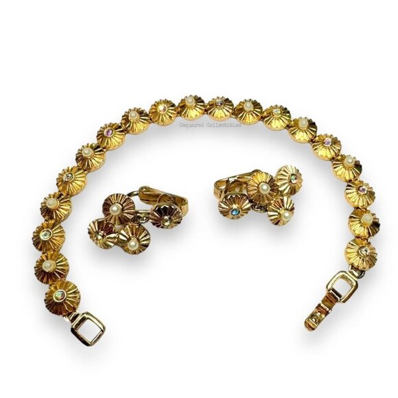 Trifari Jewelry - Crown Trifari Gold Tone AB Crystal Faux Pearl Bracelet Clip On Earring Set
